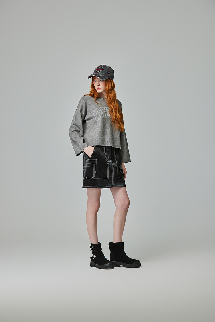 abito跳色車線皮革窄裙