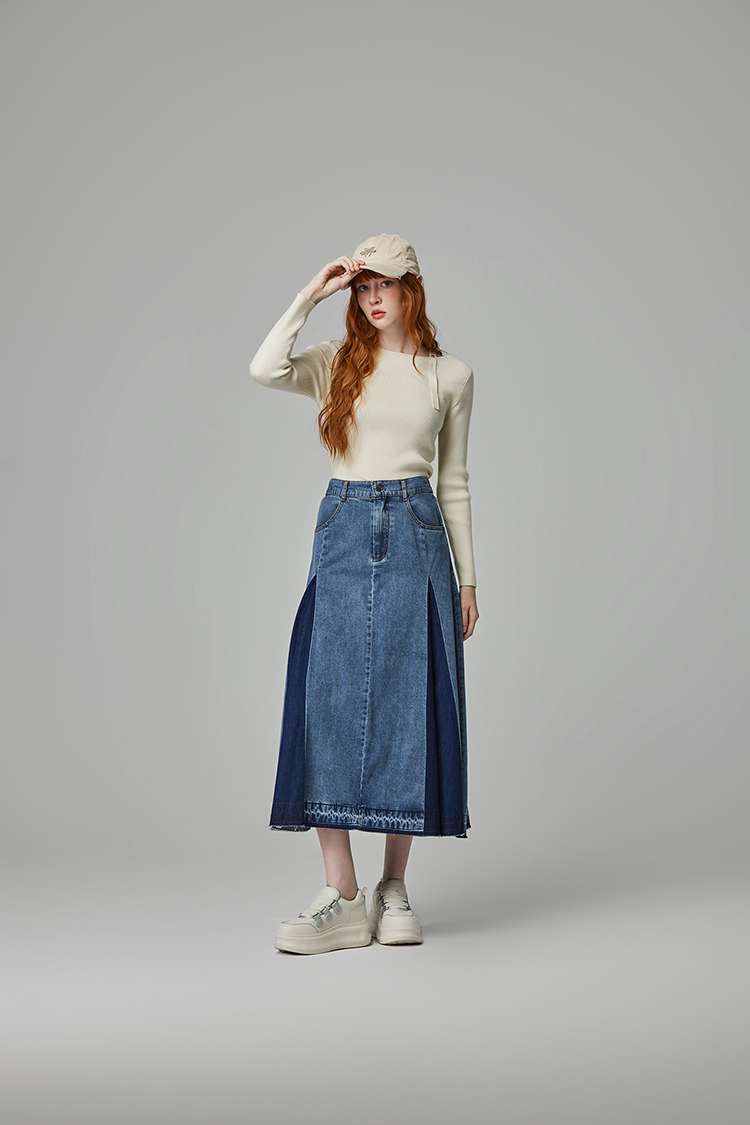 abito棉質拼接牛仔長裙