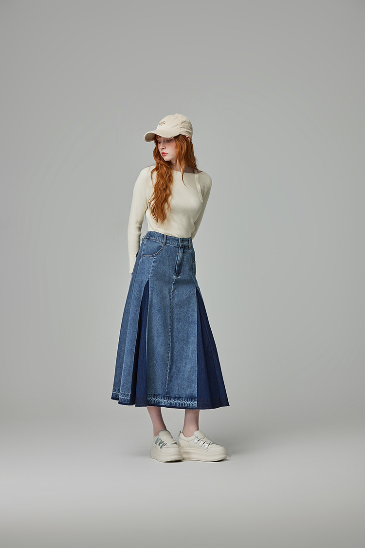 abito棉質拼接牛仔長裙