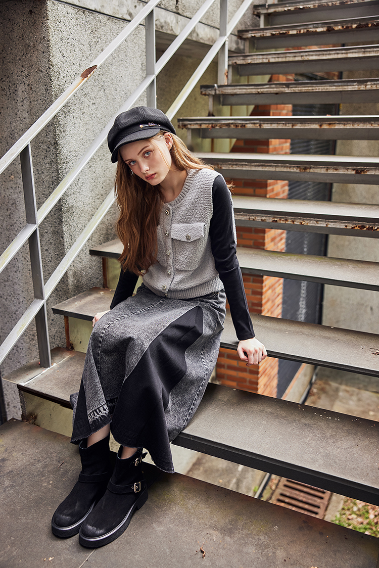 abito棉質拼接牛仔長裙