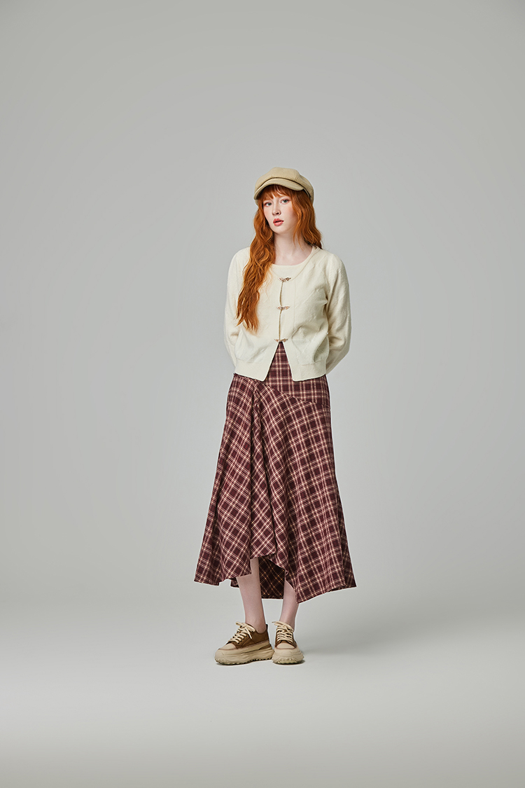 abito氣質格紋不規則裙襬長裙