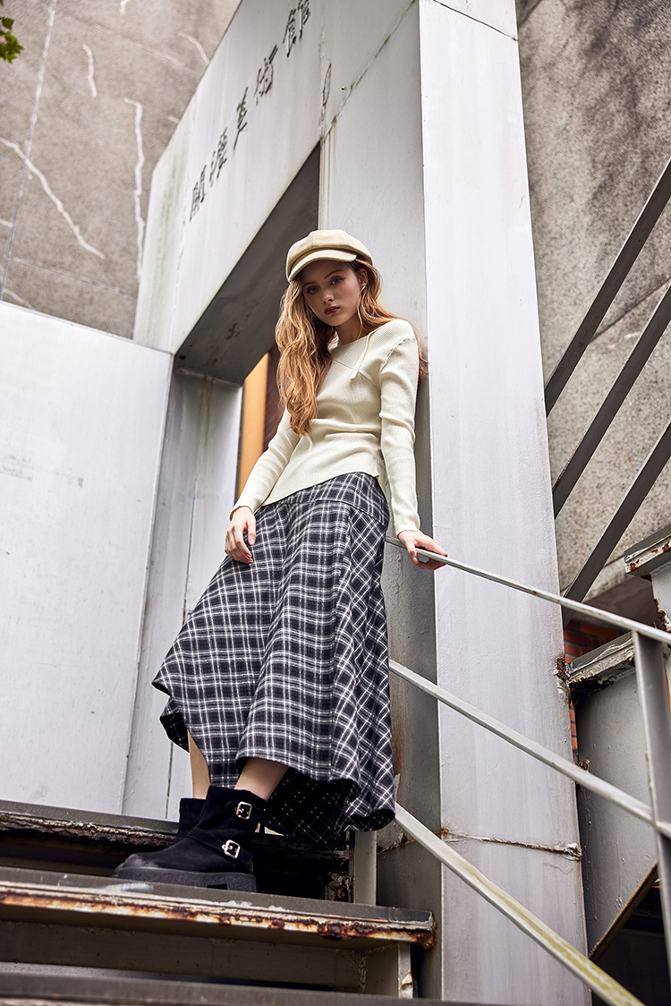 abito氣質格紋不規則裙襬長裙