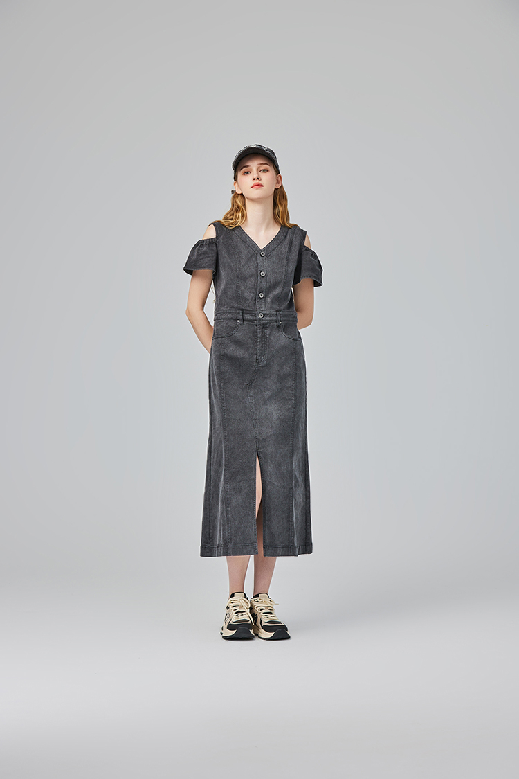 abito甜美荷葉邊牛仔連身裙