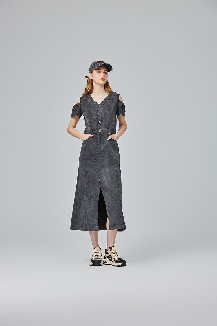 abito甜美荷葉邊牛仔連身裙