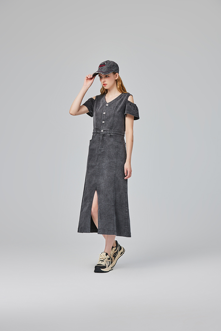 abito甜美荷葉邊牛仔連身裙