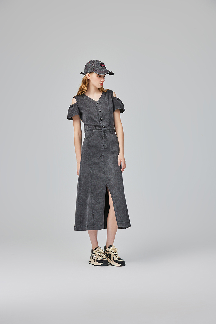 abito甜美荷葉邊牛仔連身裙