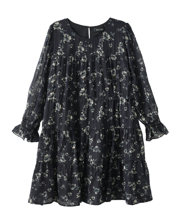 DITA法式植物印花抽皺洋裝