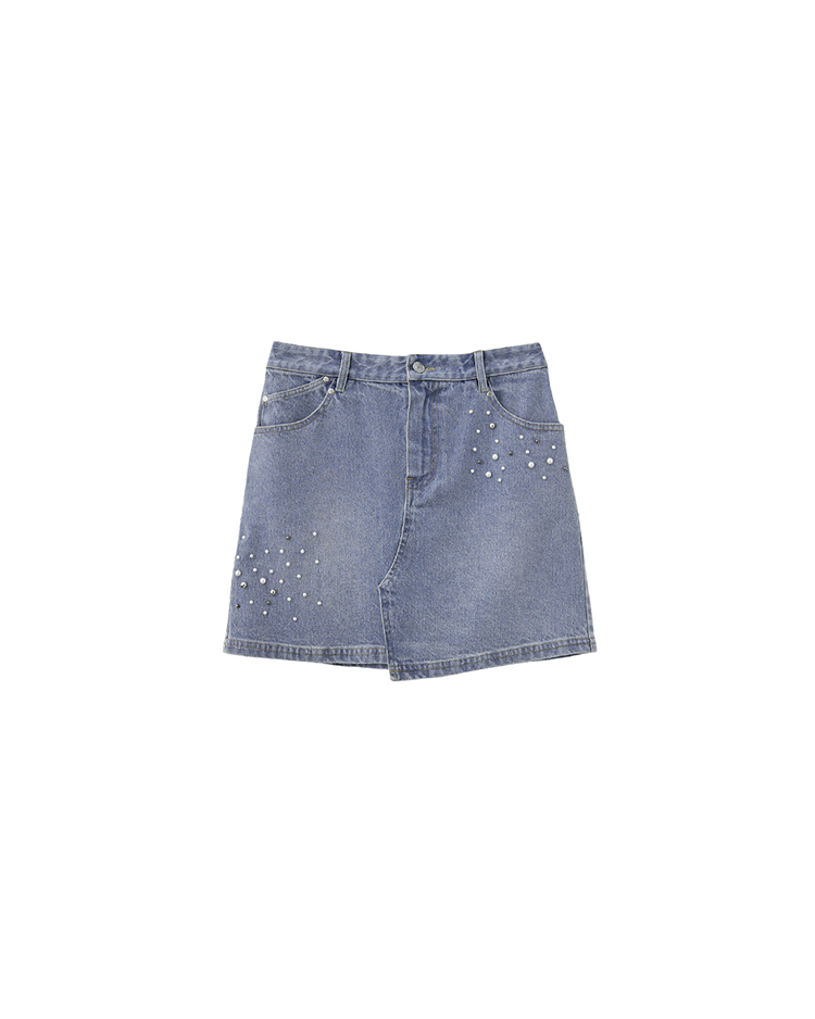 JOAN珍珠裝飾不對稱牛仔短裙-藍
