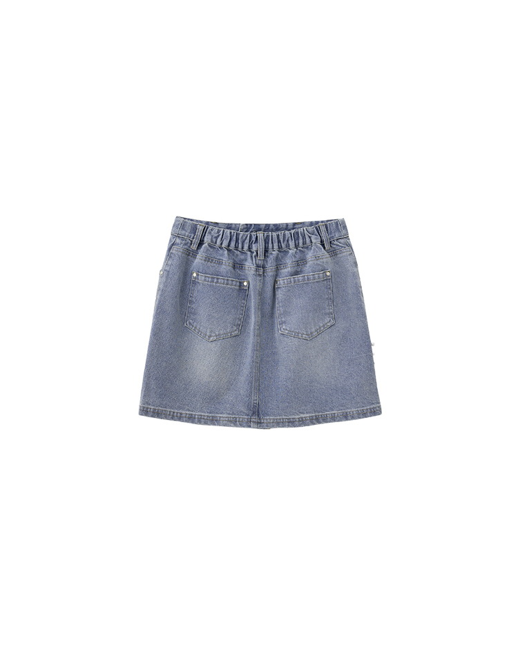 JOAN珍珠裝飾不對稱牛仔短裙-藍