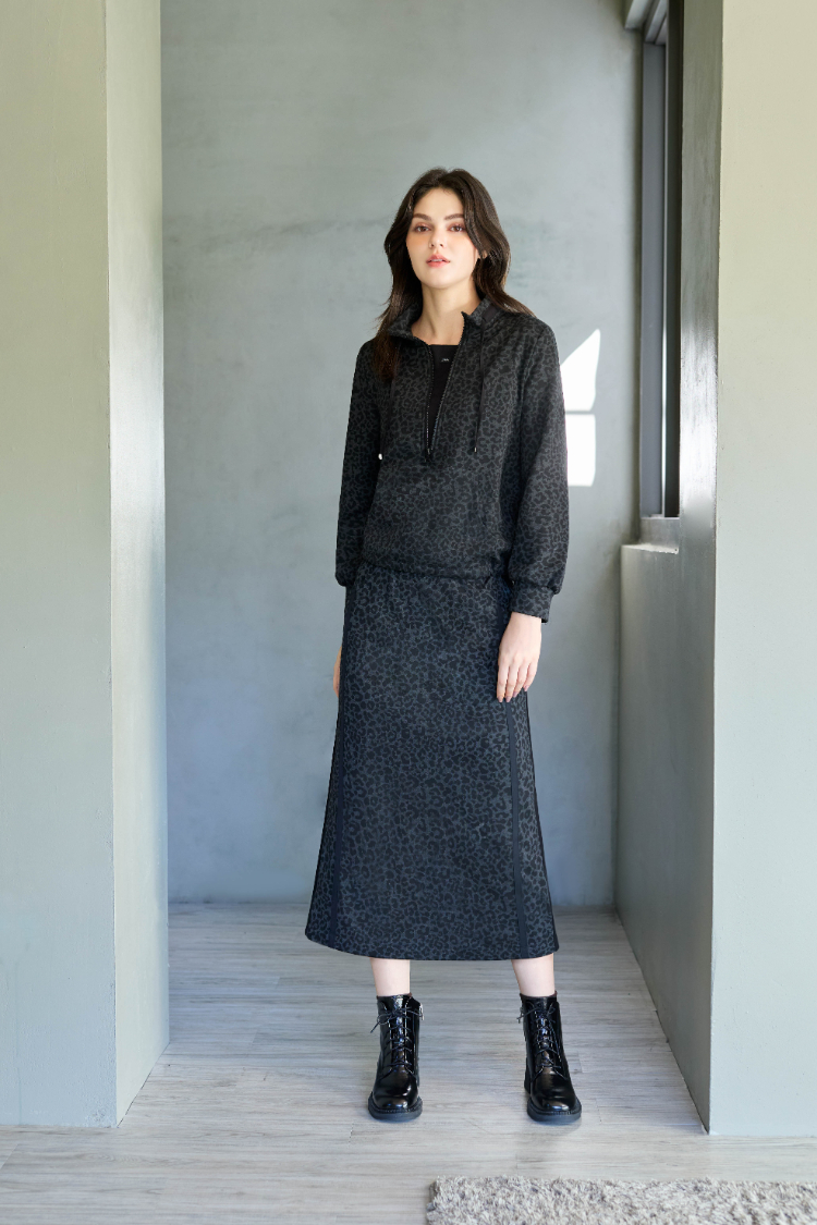 JOAN豹紋內磨毛中長鉛筆裙