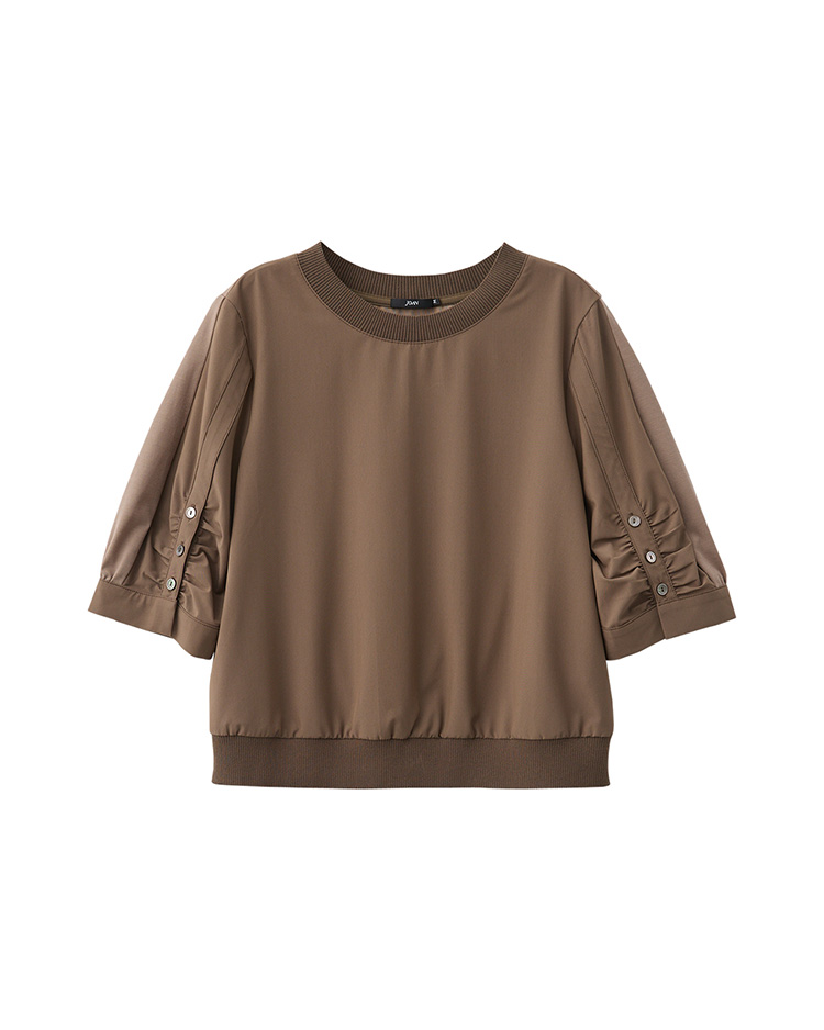JOAN彈性拼接抽皺五分袖上衣