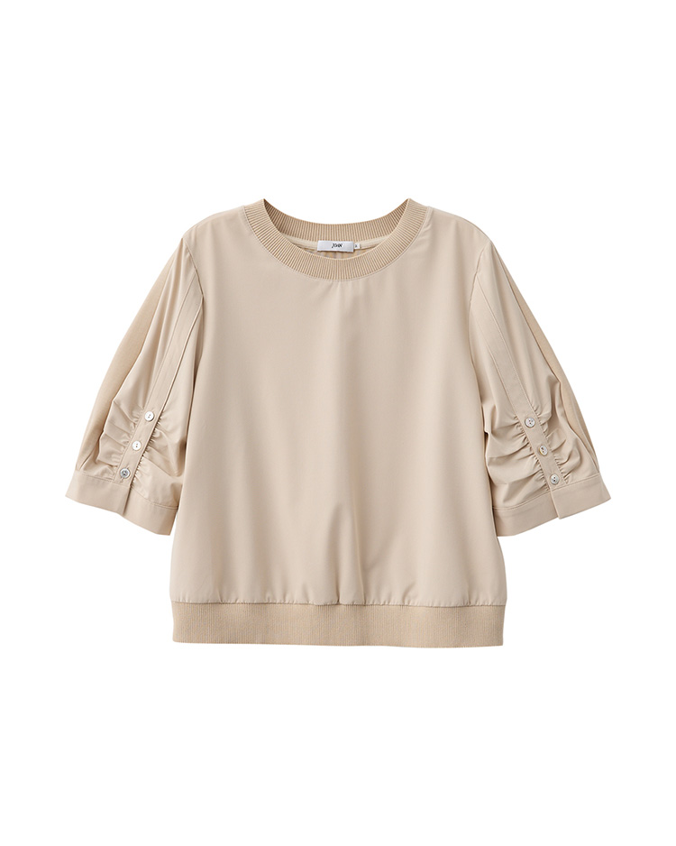 JOAN彈性拼接抽皺五分袖上衣
