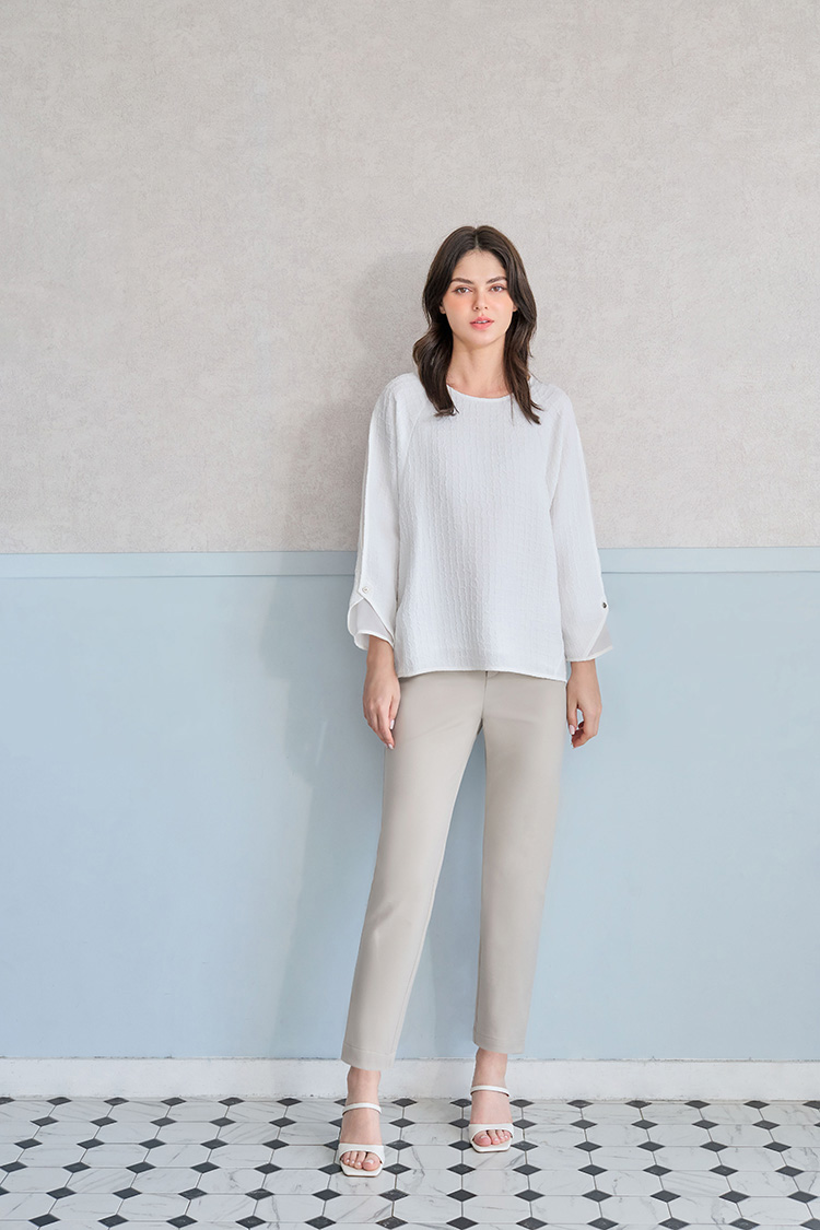 JOAN肌理格紋雪紡拼接造型袖上衣