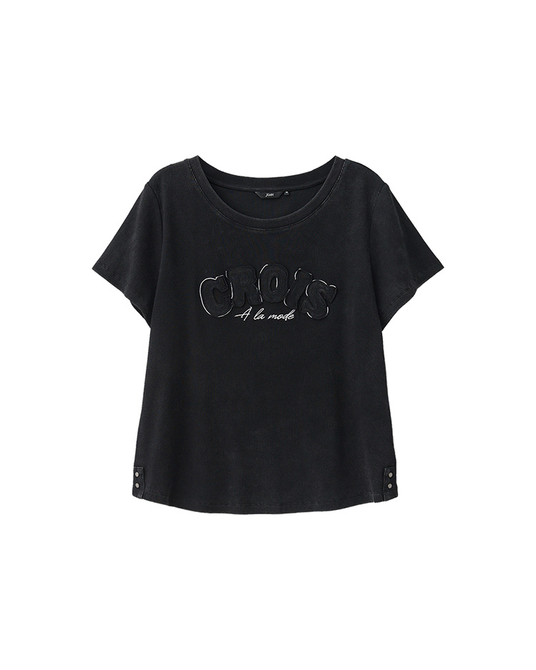 JOAN復古水洗貼布繡標語T恤