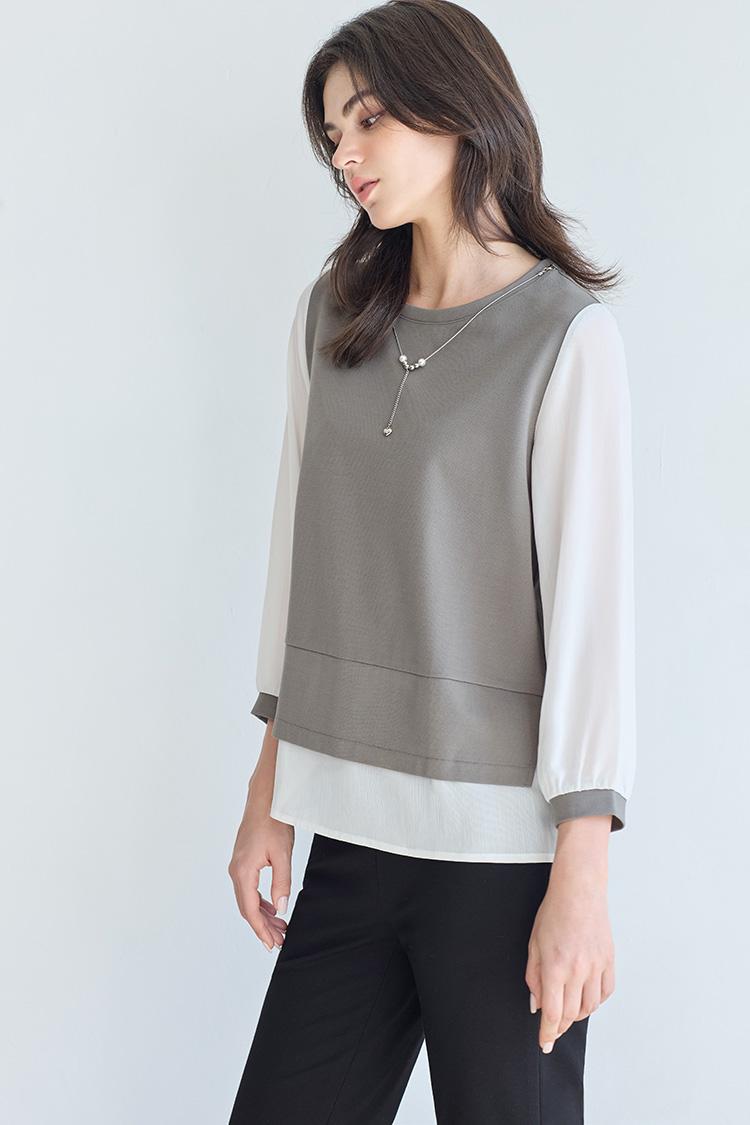 JOAN鍊飾雪紡拼接彈性上衣