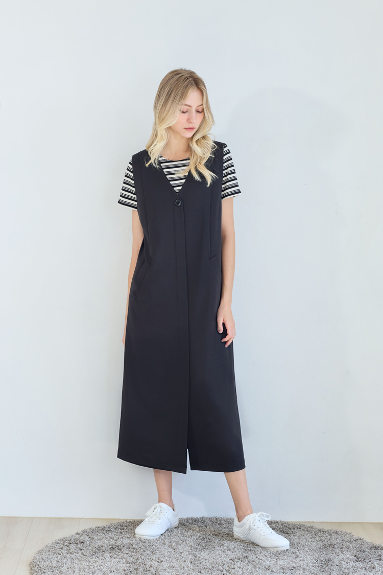 JOAN斜紋羅馬布背心式洋裝(附條紋內搭)