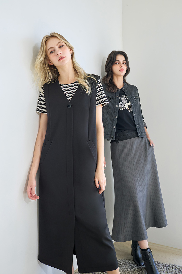 JOAN斜紋羅馬布背心式洋裝(附條紋內搭)