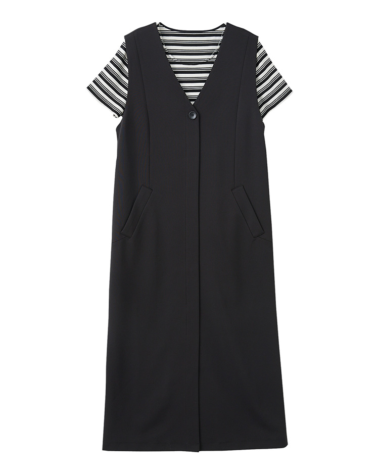 JOAN斜紋羅馬布背心式洋裝(附條紋內搭)