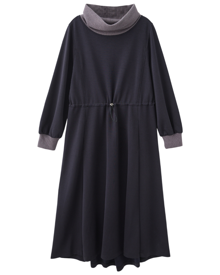 JOAN異材質高領抽繩收腰洋裝