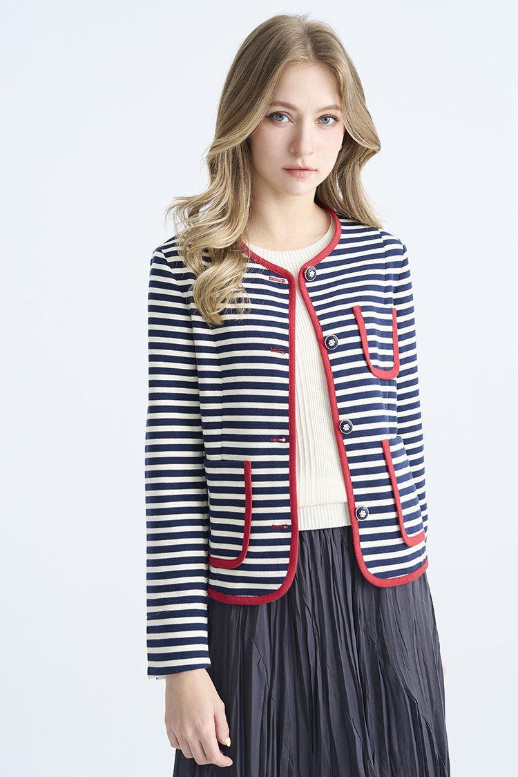 JOAN可拆領彈性組織面條紋外套