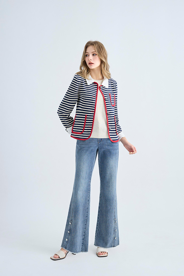 JOAN可拆領彈性組織面條紋外套