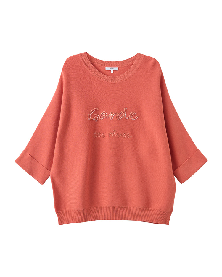 JOAN七分反摺袖寬鬆標語針織上衣