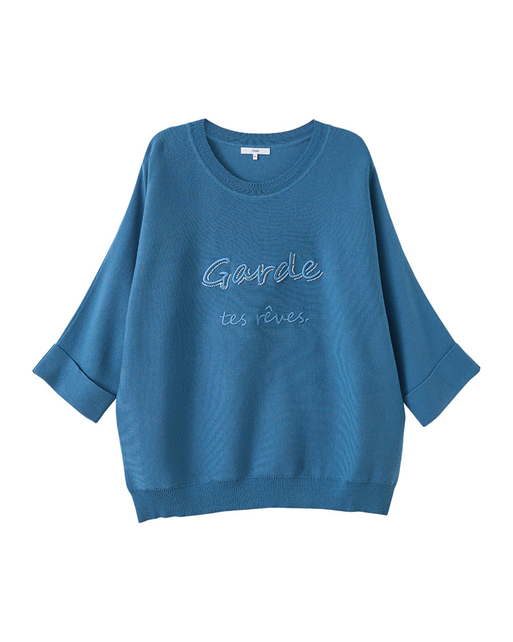 JOAN七分反摺袖寬鬆標語針織上衣