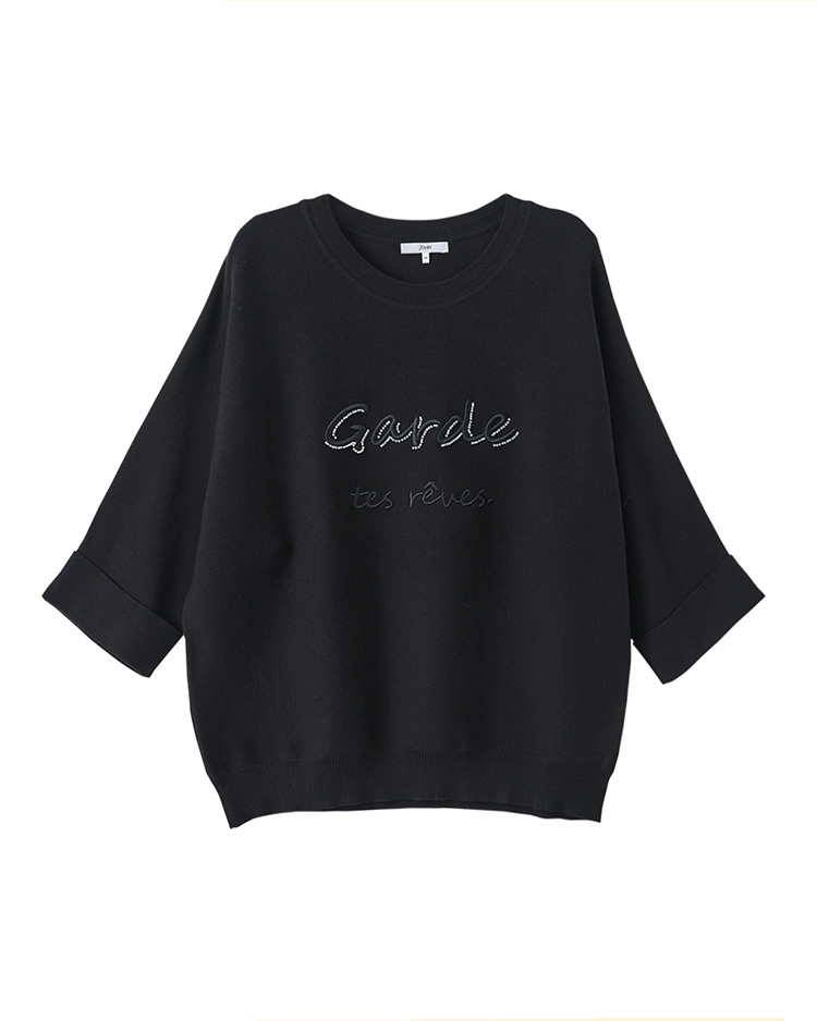 JOAN七分反摺袖寬鬆標語針織上衣