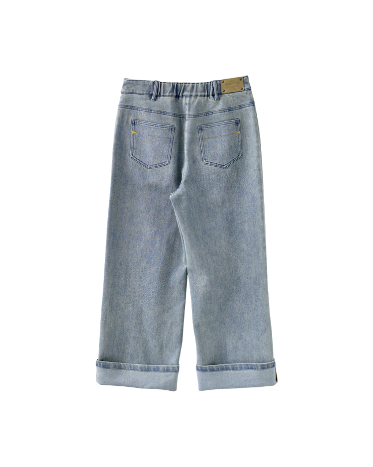 JOAN可反摺刷色牛仔寬褲