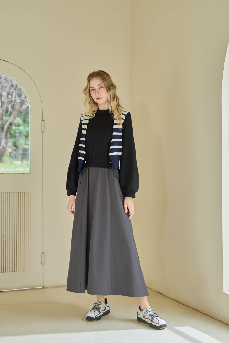 JOAN都會層次拚色抽繩收腰洋裝