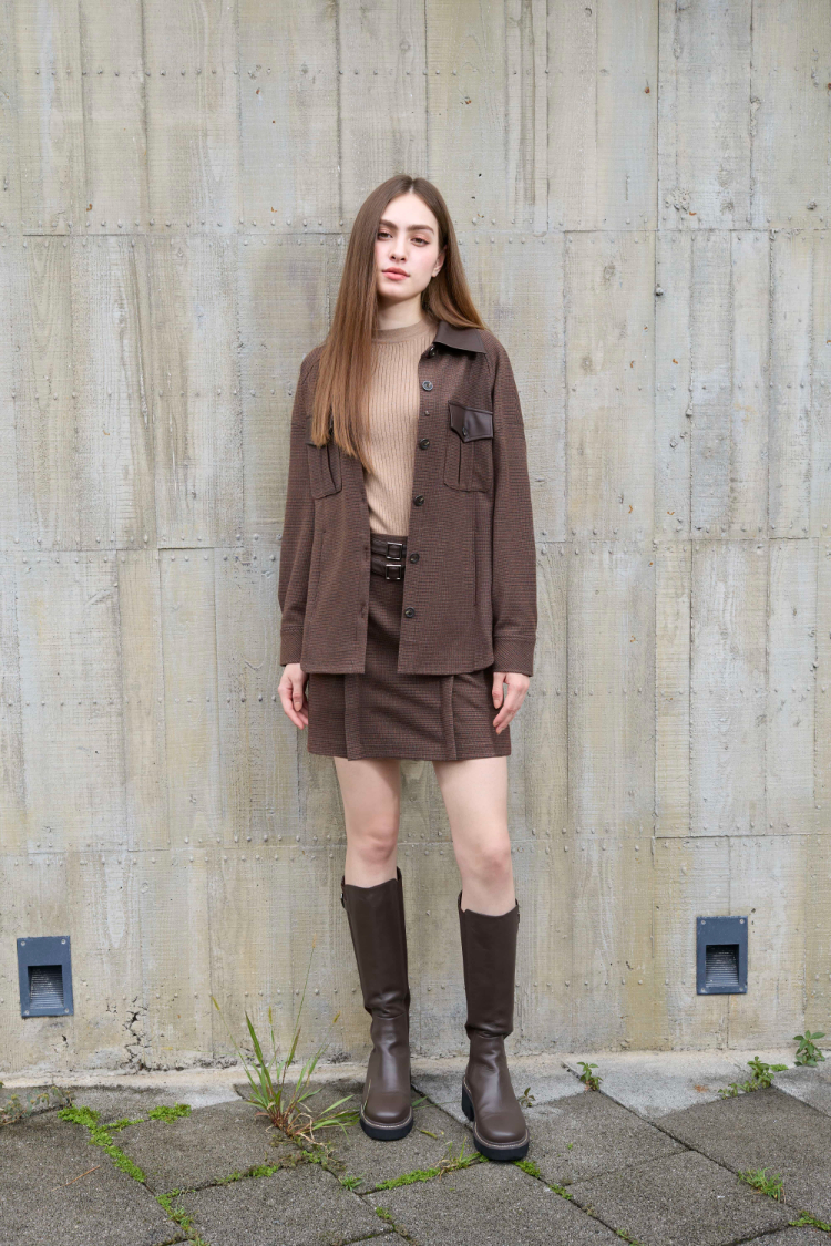 DENOVO雙皮帶細格紋A字短裙