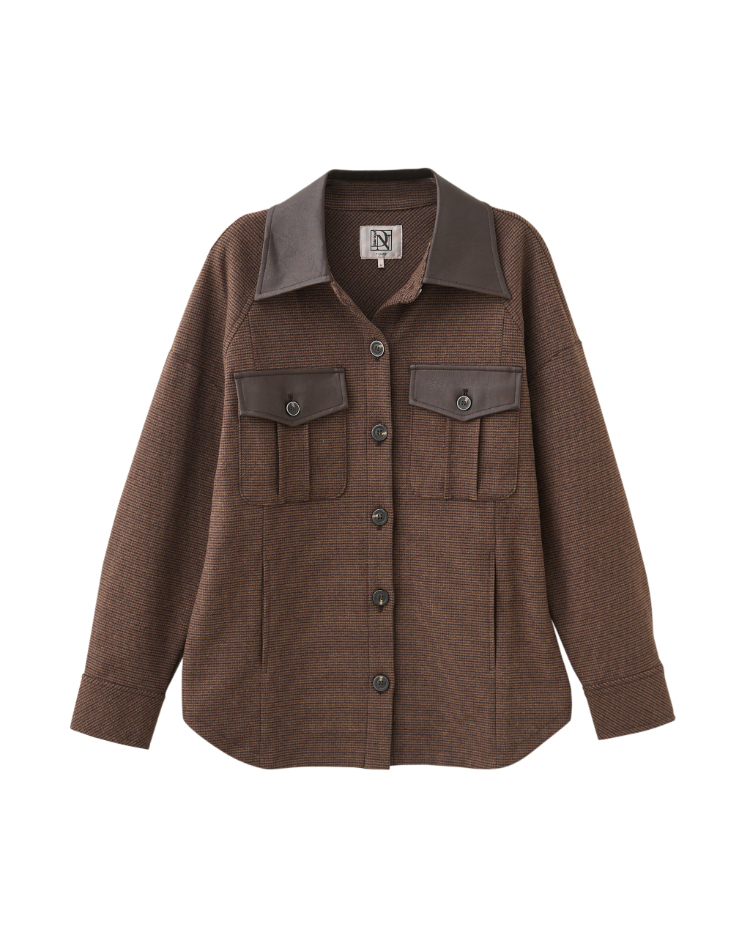 DENOVO仿皮革拼接口袋襯衫外套