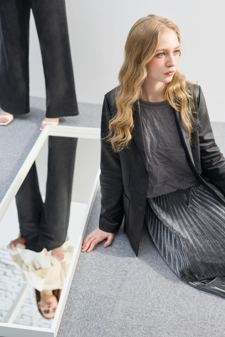 DENOVO透膚皺褶兩件式層次上衣