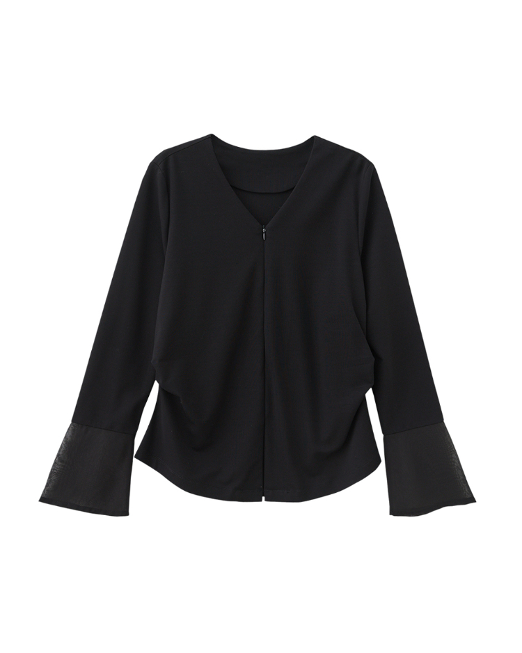 DENOVO雪紡拼接拉鍊彈性上衣