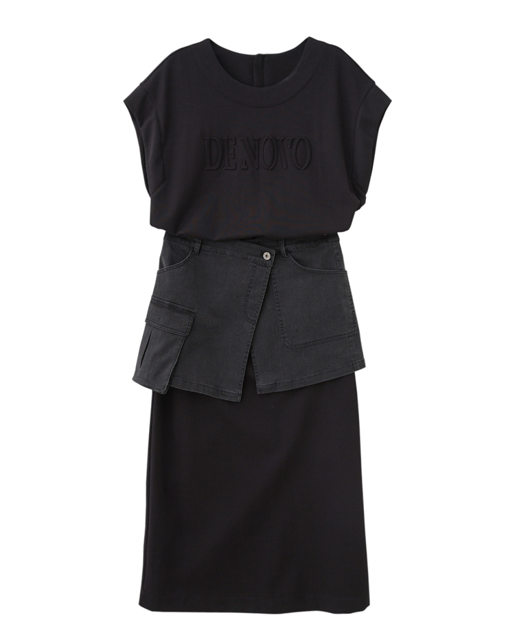 DE NOVO牛仔腰封鋼印標語彈性洋裝