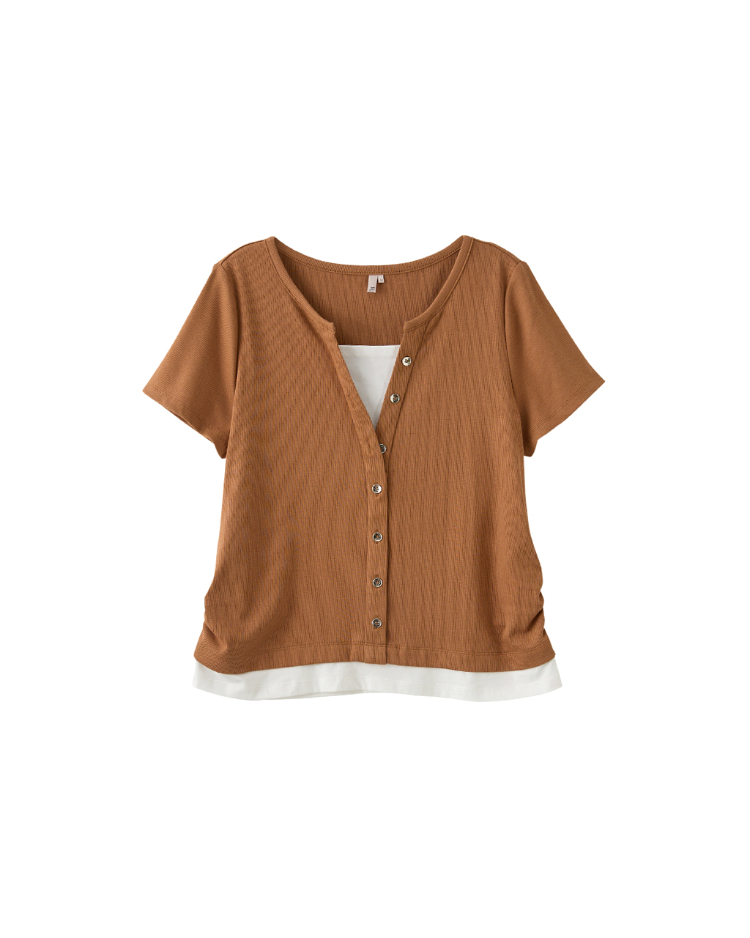 DENOVO輕膚坑條假兩件短袖上衣