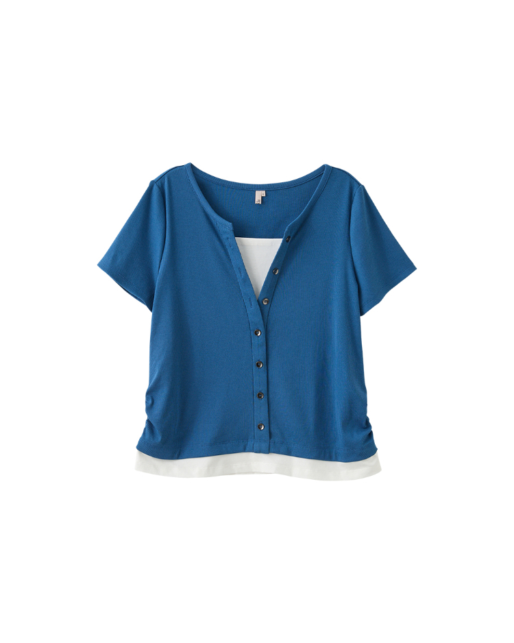 DENOVO輕膚坑條假兩件短袖上衣